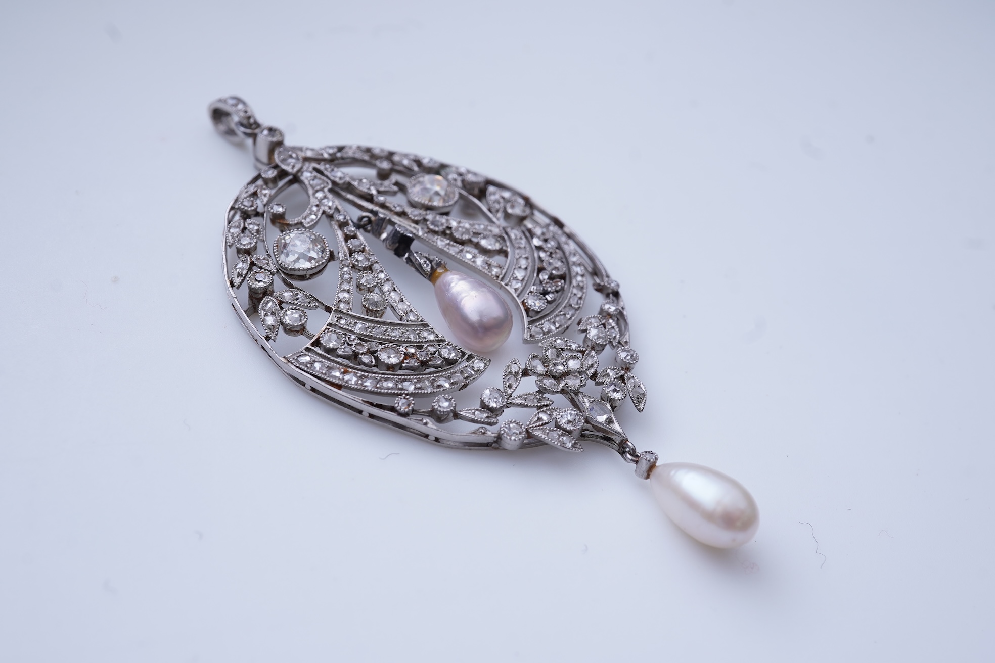 A fine Belle Epoque natural pearl and diamond pendant, circa 1910